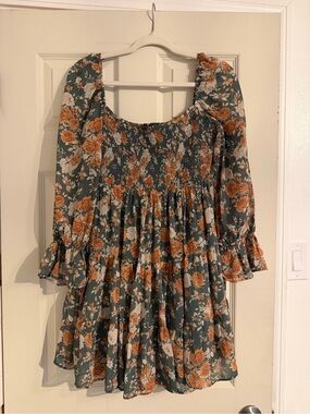 Floral Smocked Mini Dress in Green and Rust